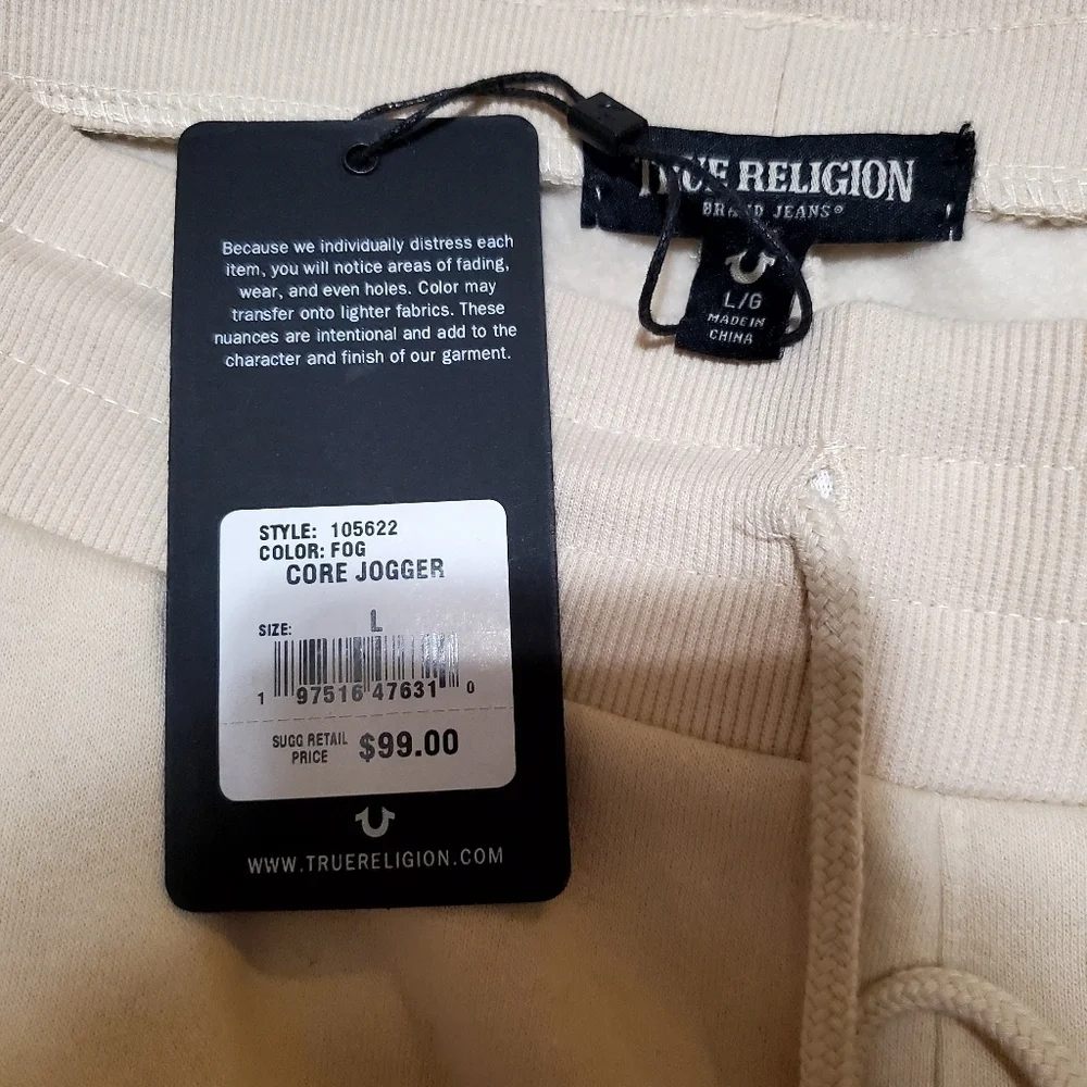 True Religion Cream Joggers Size Large NWT